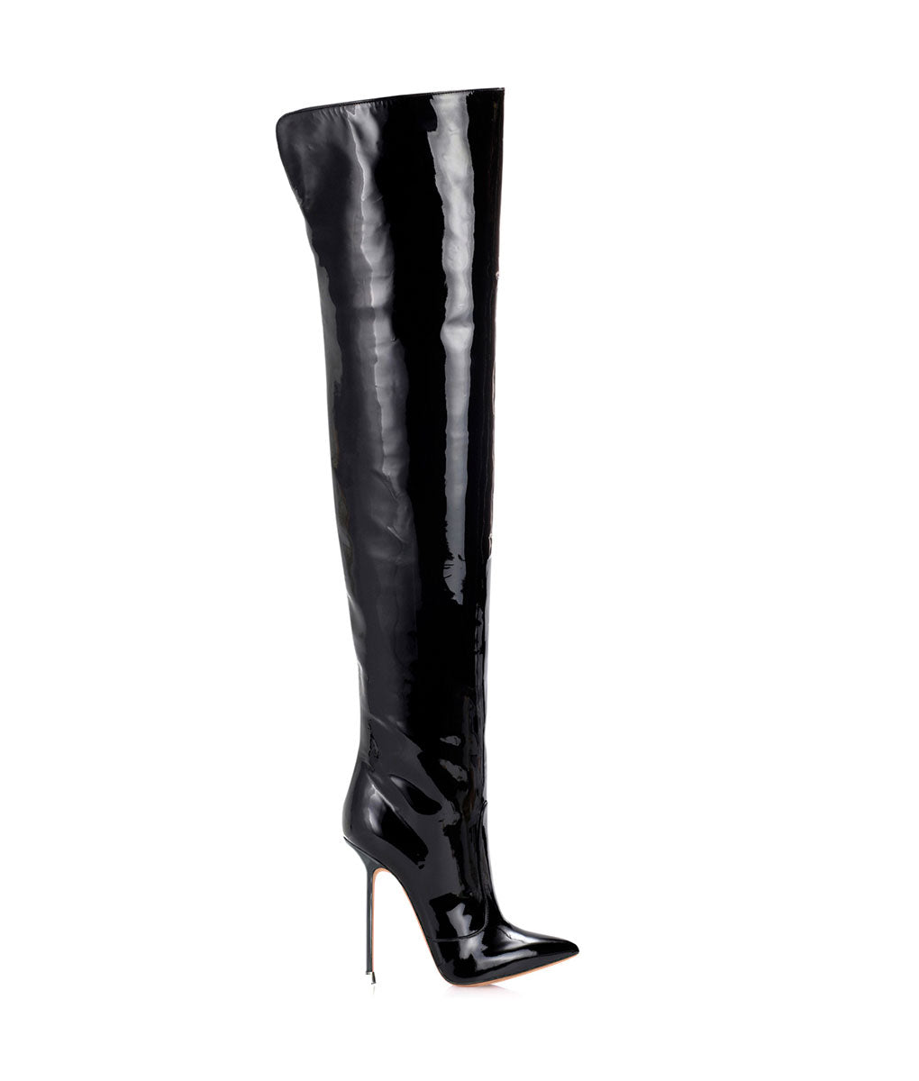 Guaran Black Patent · Charlotte Luxury Boots · Luxury High Heel Pointy Boots · Di Marni - Vicenzo Rossi · Custom made · Made to measure · Luxury Over Knee High Heel Boots · Boots