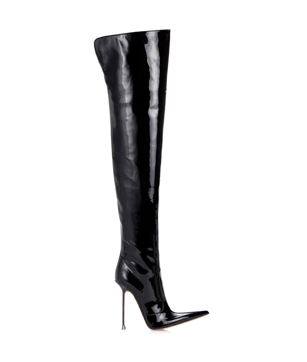 Troann Black Patent · Charlotte Luxury Boots · Luxury High Heel Pointy Boots · Di Marni - Vicenzo Rossi · Custom made · Made to measure · Luxury Over Knee High Heel Boots · Boots