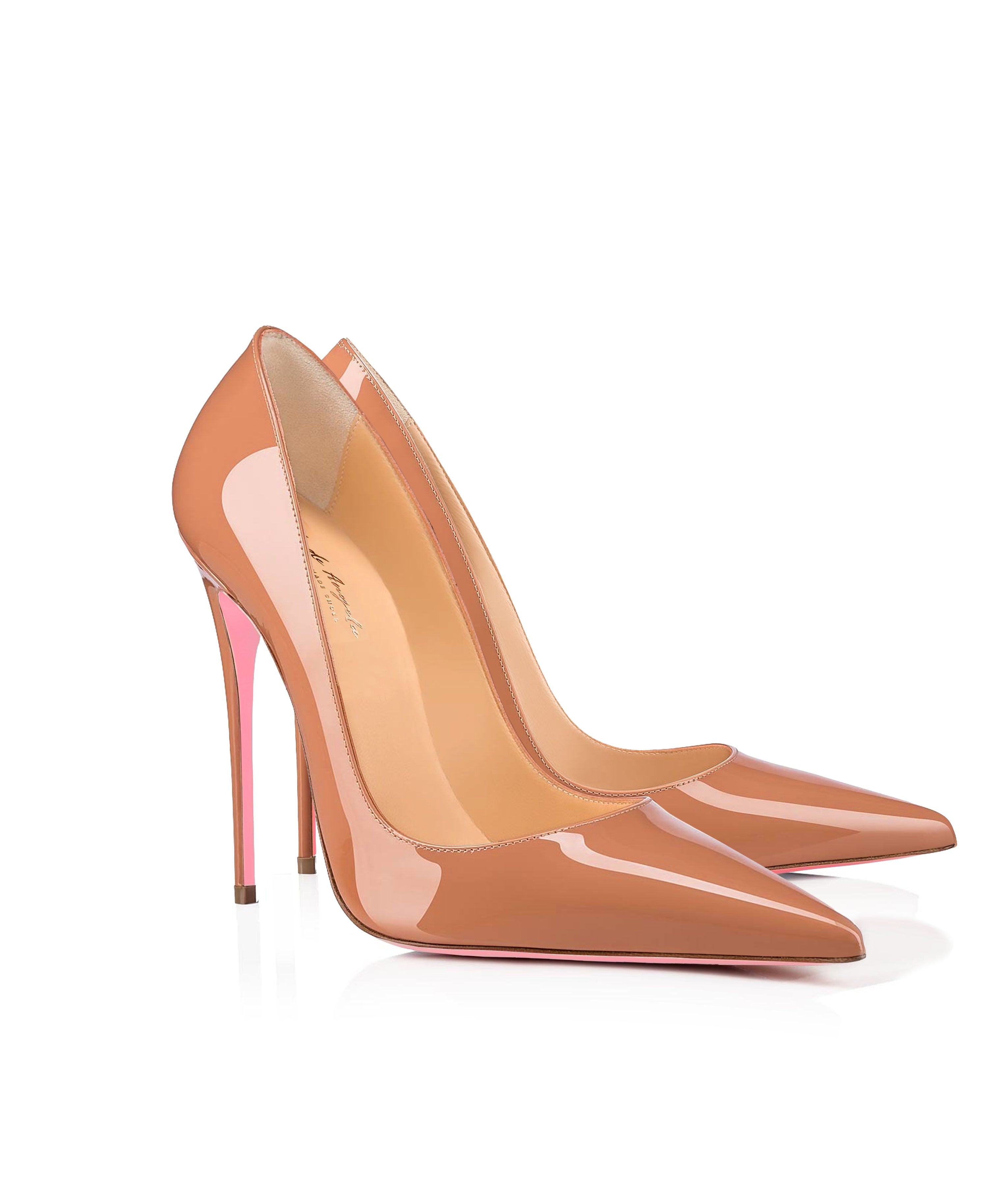 Discover the Alya Nude Patent stilettos—handmade luxury high heels crafted in Spain. Custom fit available for a flawless, elegant look.