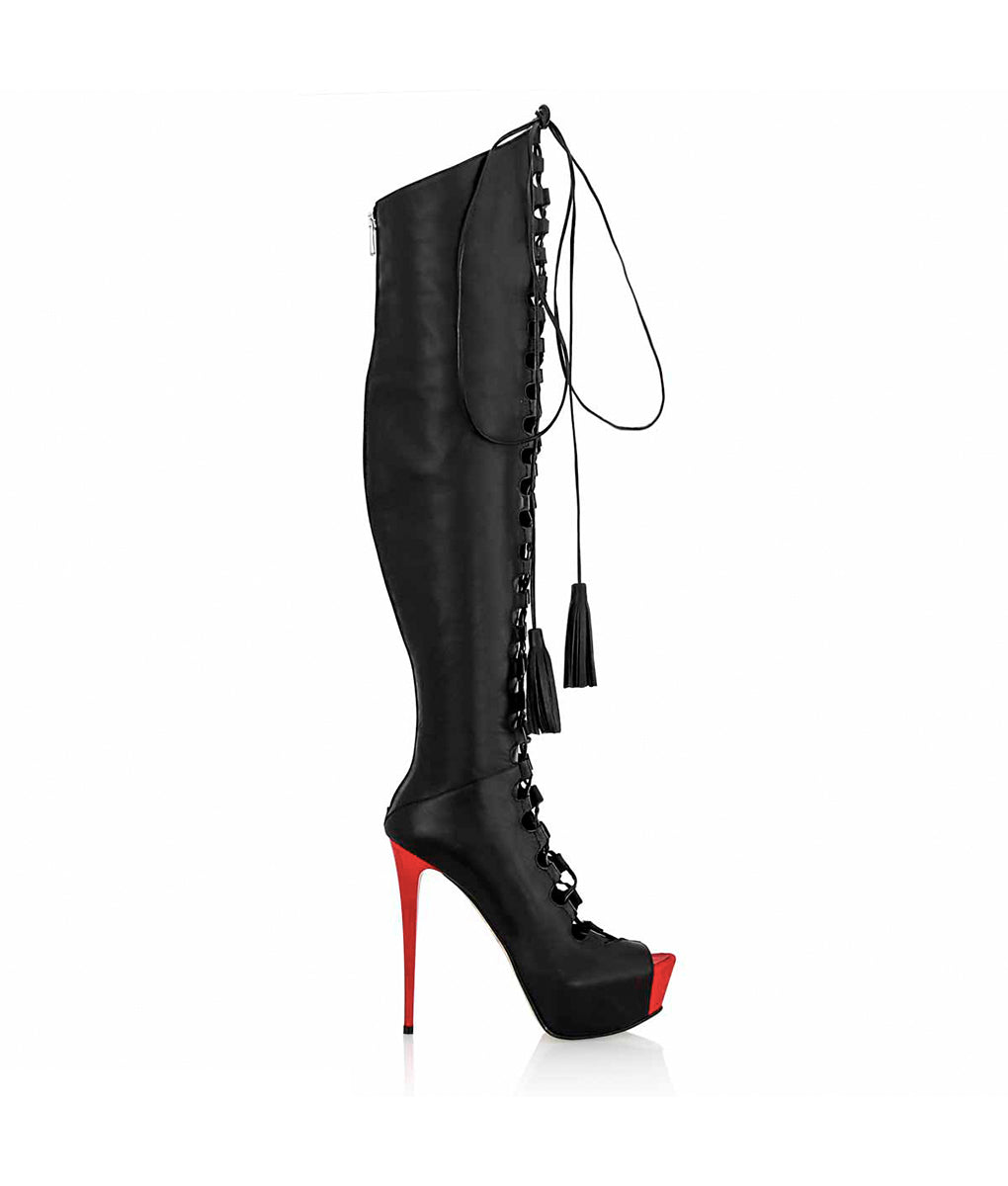 Symass Blak & Red · Cq Couture · Charlotte Luxury High Heels Boots · Luxury High heel Platform Boots · Platform Over Knee Boots · Luxury High Heels Boots made in Italy